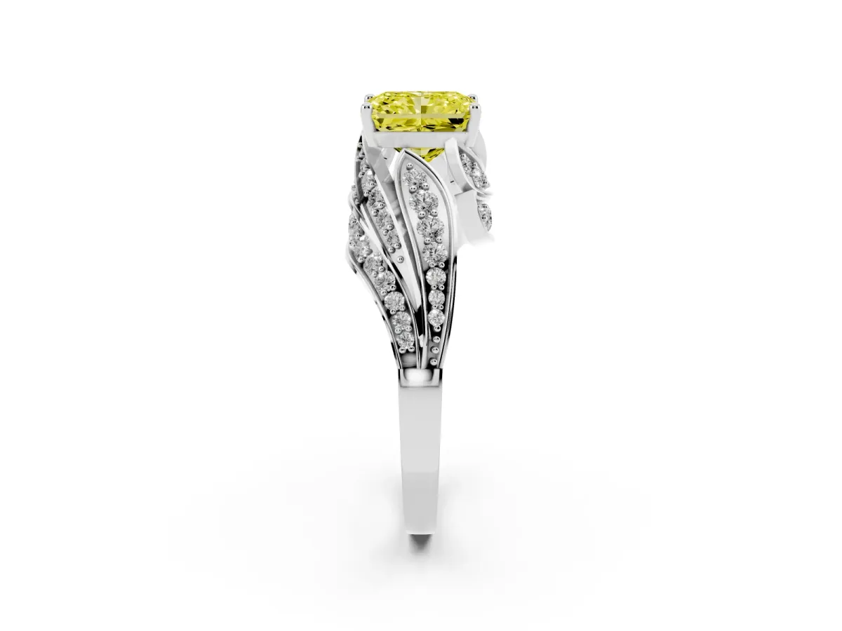 Fancy Yellow Radiant Cut Diamond Solitaire Ring with Prong Setting and Twisted Pavé Band White gold