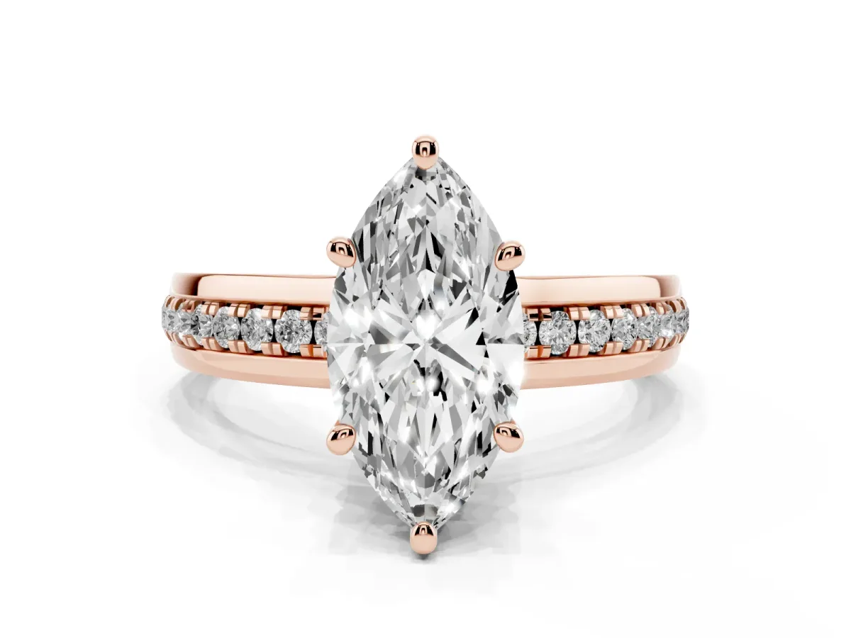Marquise Cut Solitaire Diamond Ring with Channel Set Band and Six-Prong Setting Rose gold