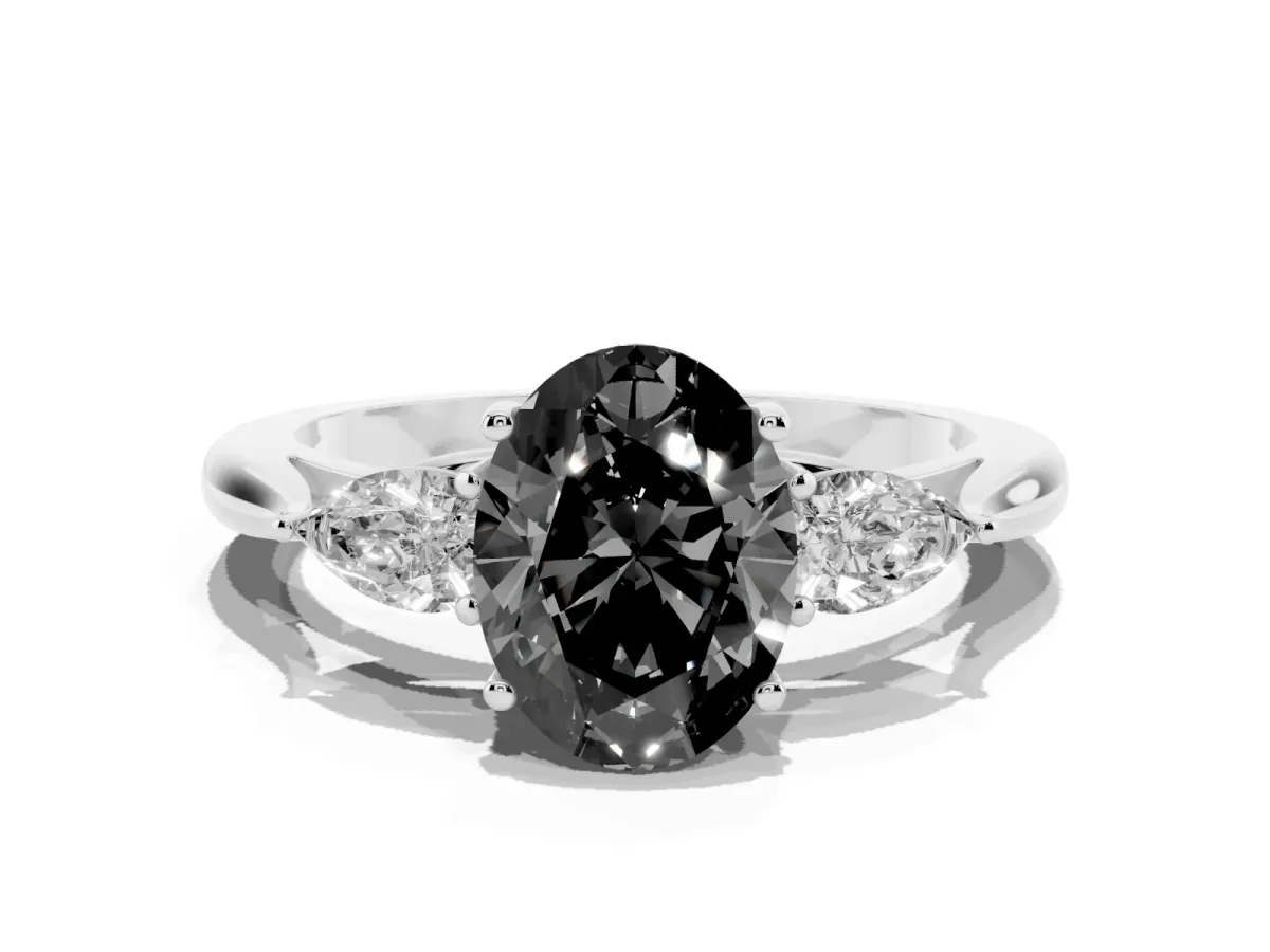 Fancy Black Oval Cut Diamond Three-Stone Ring with Pear Side Stones and Prong Setting Platinum