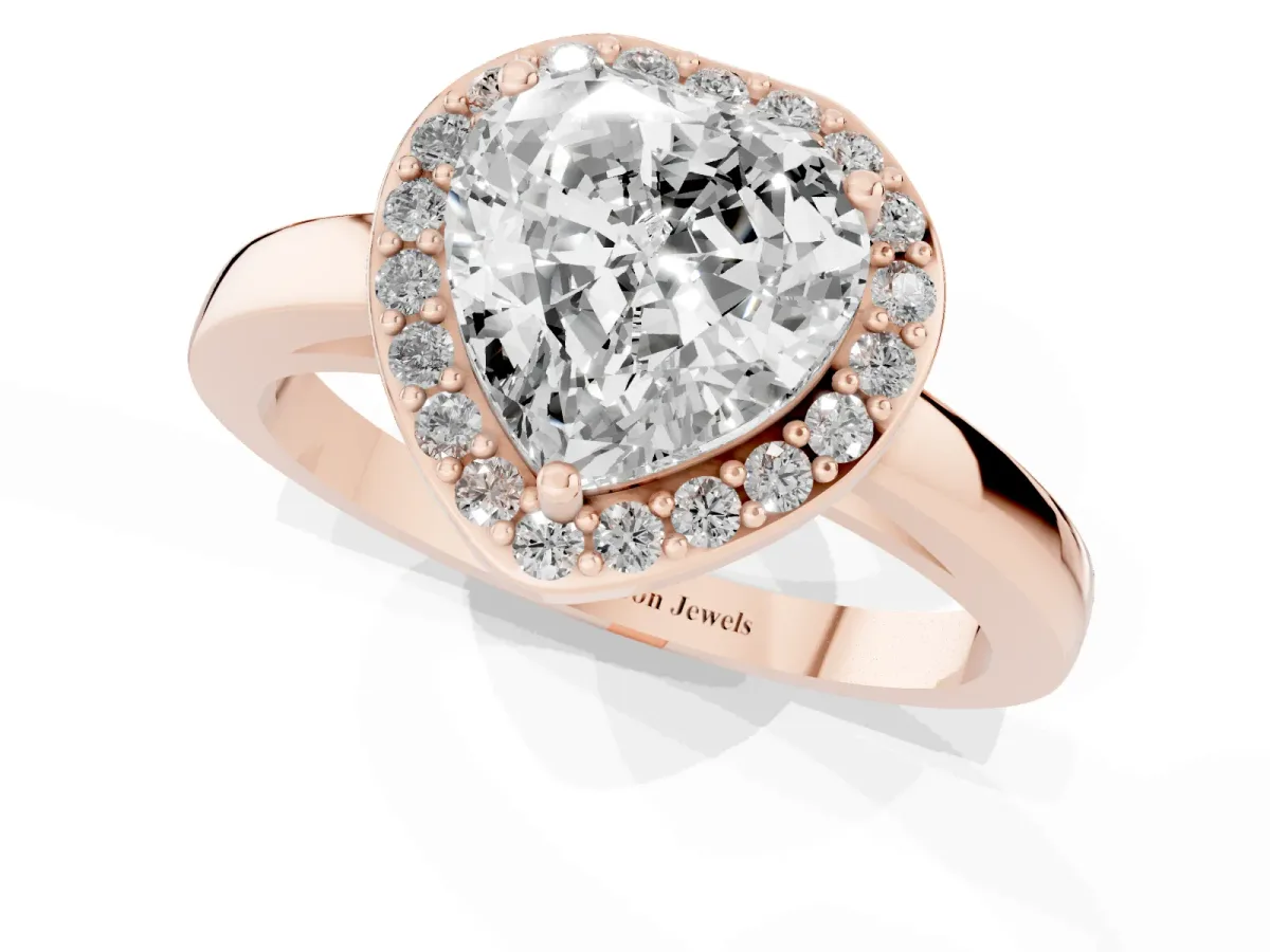 Heart Cut Halo Diamond Ring with Solitaire Band and Prong Setting Rose gold
