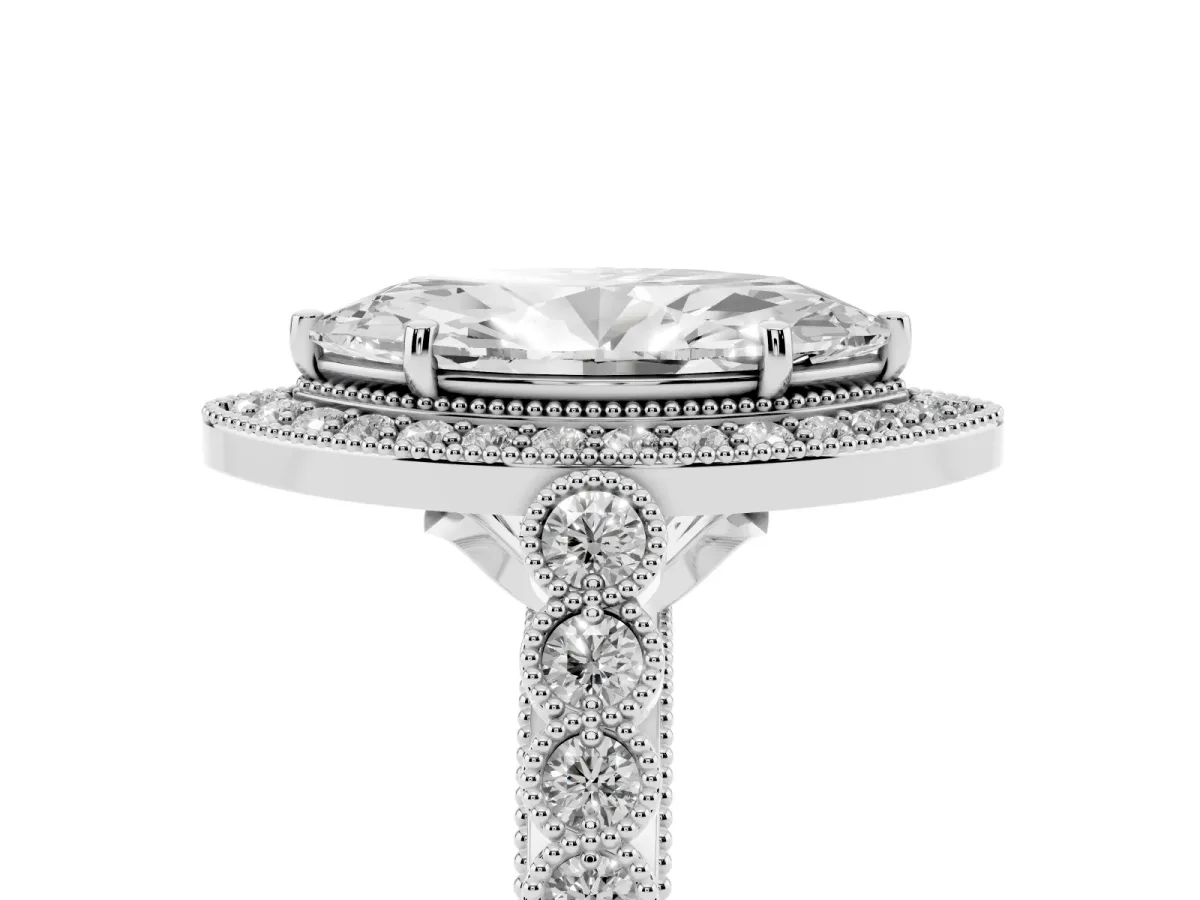 Marquise Cut Halo Milgrain Solitaire with Bezel Set Side Stones and Pave Band Silver