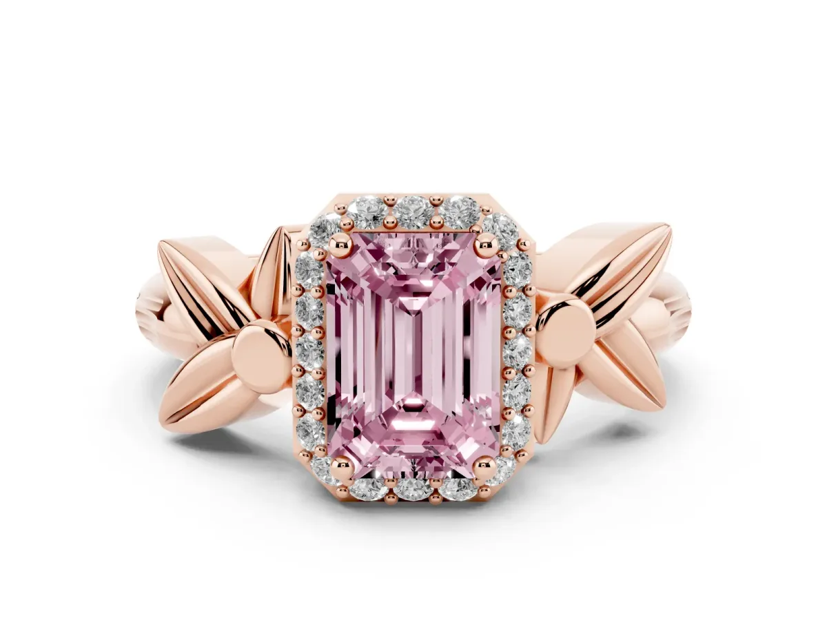 Fancy Pink Emerald Cut Halo Diamond Floral Band with Four-Prong Setting Rose gold