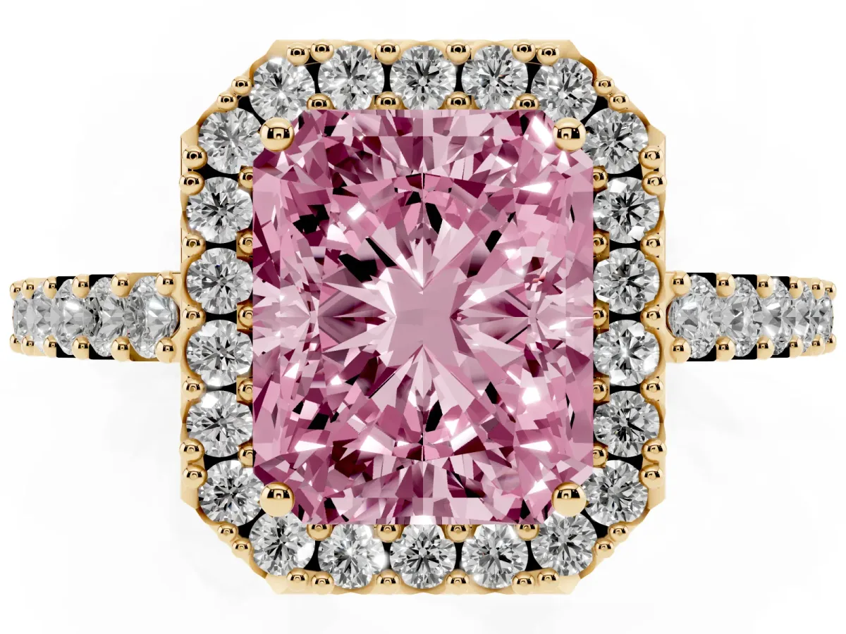 Fancy Pink Radiant Cut Halo Diamond Pavé Solitaire Ring Yellow gold