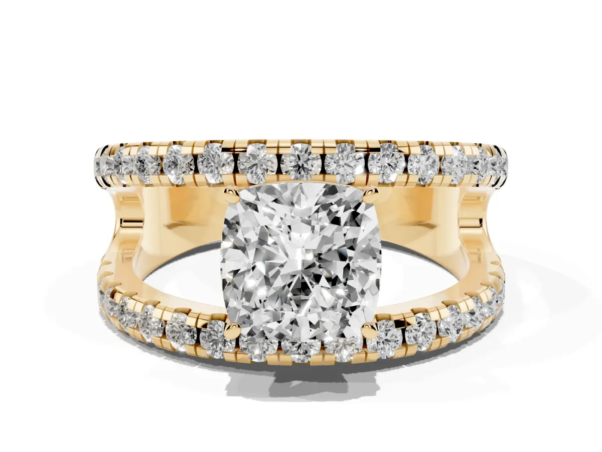 Cushion Cut Solitaire Split Shank Pave Diamond Ring Yellow gold