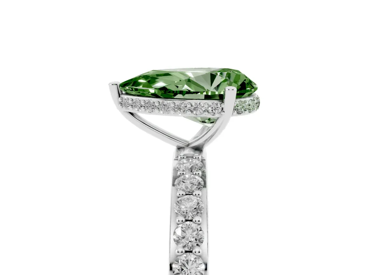 Fancy Green Pear Cut Diamond Solitaire Ring with Pavé Band and Hidden Halo Platinum