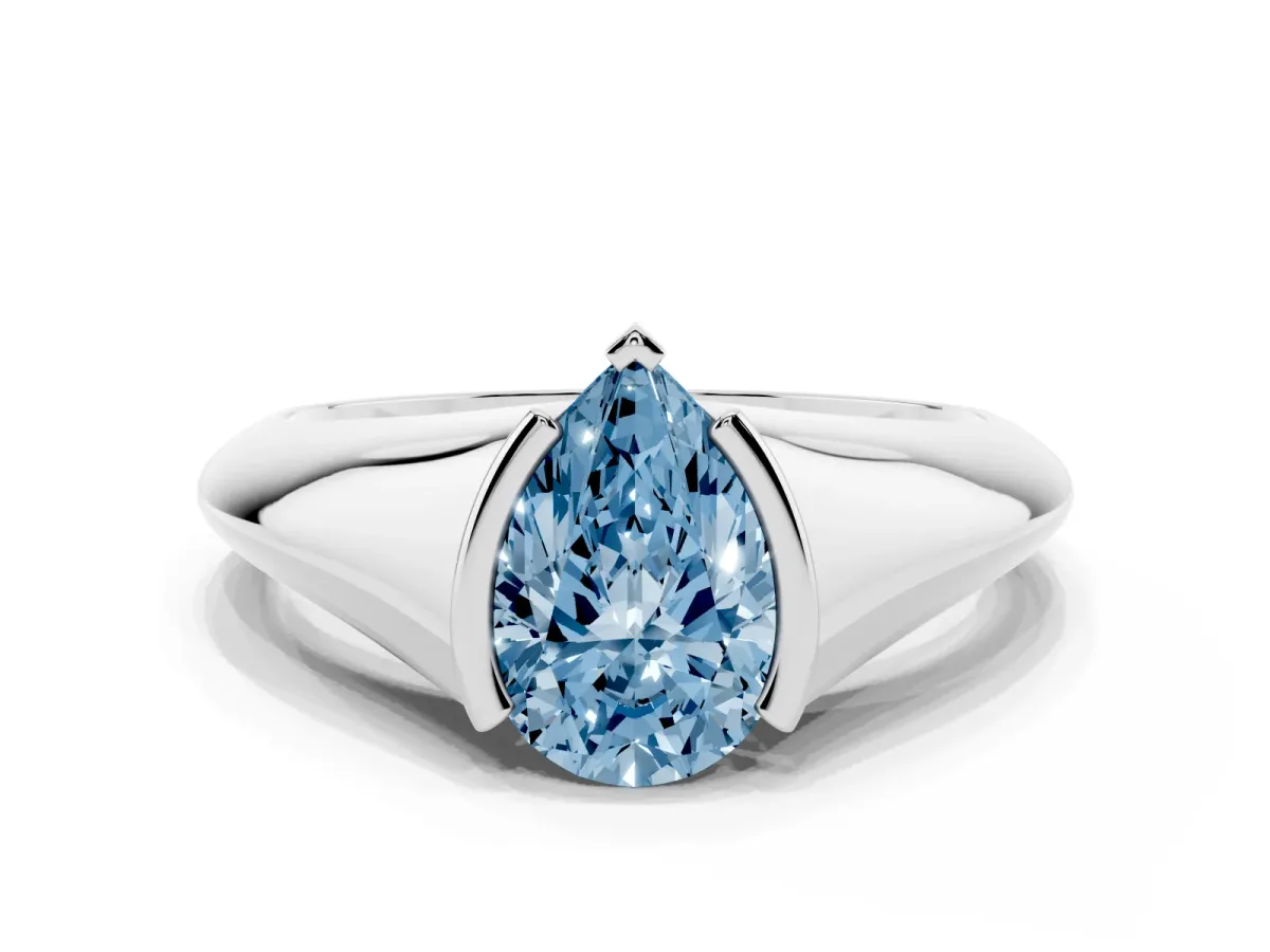 Fancy Blue Pear Cut Solitaire Tension Set Diamond Ring Silver