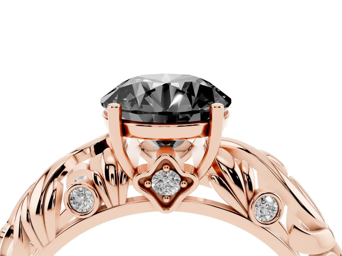 Fancy Black Round Cut Solitaire Diamond Leaf-Inspired Vine Band Ring with Prong Setting Rose gold