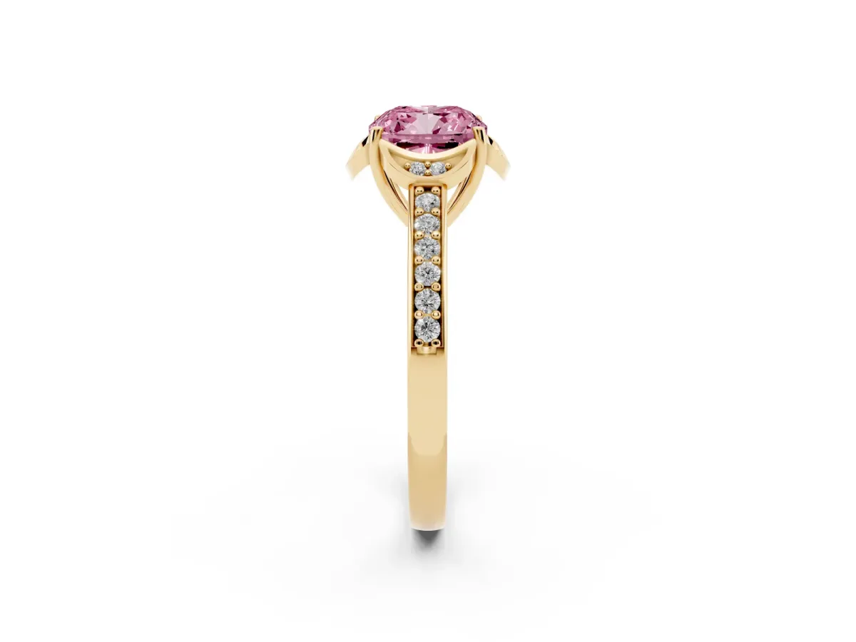 Fancy Pink Cushion Cut Cut Halo Diamond Ring with Channel Set Band and Four-Prong Setting Yellow gold