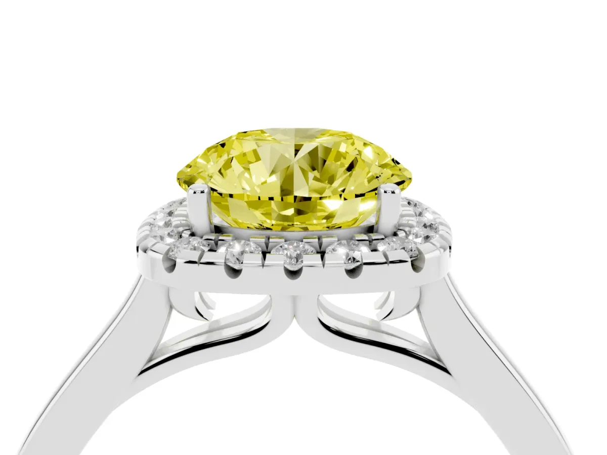 Fancy Yellow Round Cut Halo Round Diamond Solitaire Ring with Pavé Band and Four-Prong Setting Silver