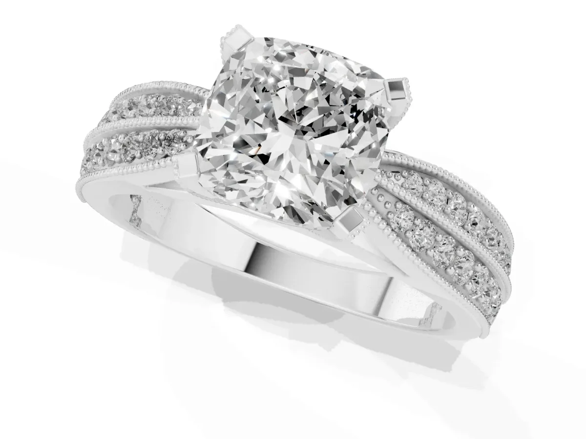 Cushion Cut Diamond Solitaire Ring with Milgrain Round Pavé Band and Prong Setting Silver