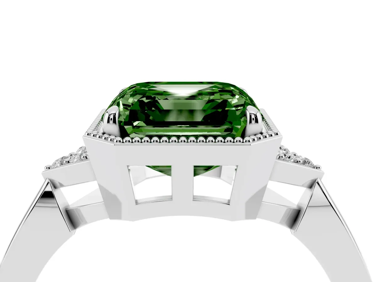Fancy Green Hexagonal Halo Asscher Cut Diamond Solitaire with Pavé Band and Four-Prong Setting Silver