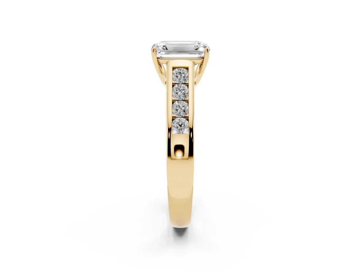 Emerald Cut Brilliant Channel-Set Solitaire Ring with Four-Prong Setting Yellow gold