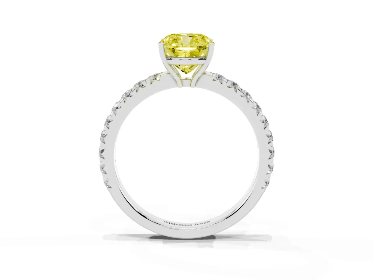 Fancy Yellow Cushion Cut Diamond Pavé Solitaire Engagement Ring with Four-Prong Setting Silver