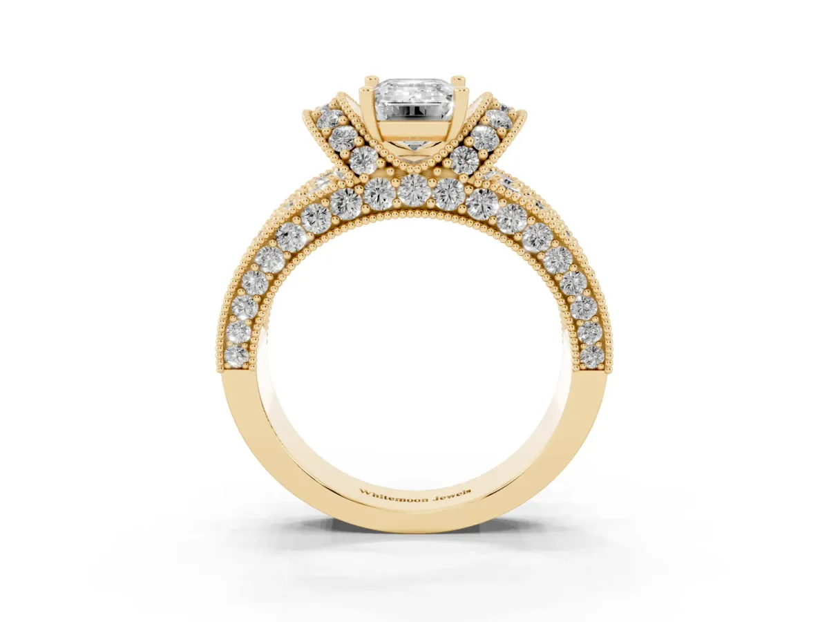Emerald Cut Halo Pave Diamond Engagement Ring with Milgrain Detailing Yellow gold