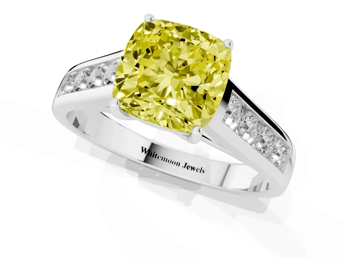 Fancy Yellow Cushion Cut Solitaire Channel-Set Diamond Engagement Ring with Four-Prong Setting Silver