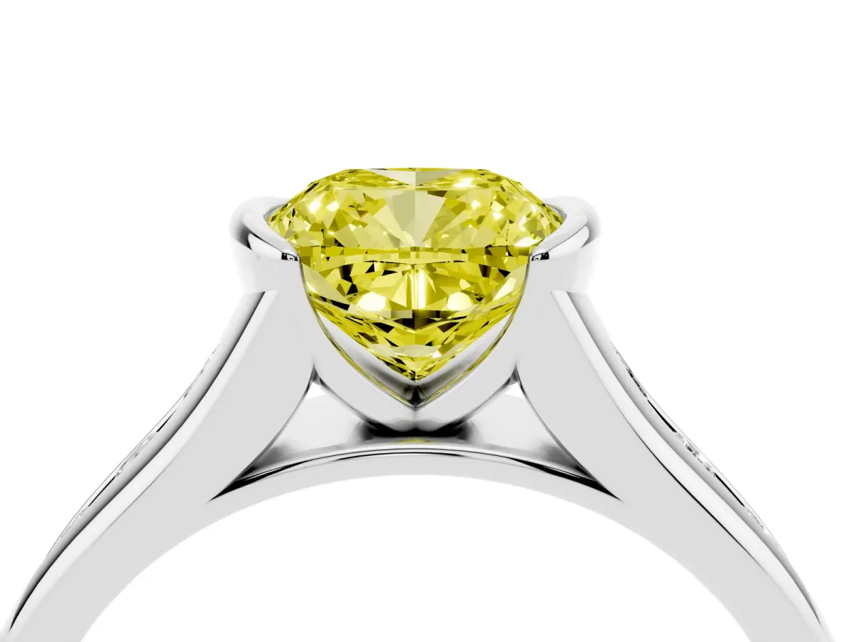 Fancy Yellow Cushion Cut Solitaire Bezel-Set Diamond Ring with Channel-Set Band Silver