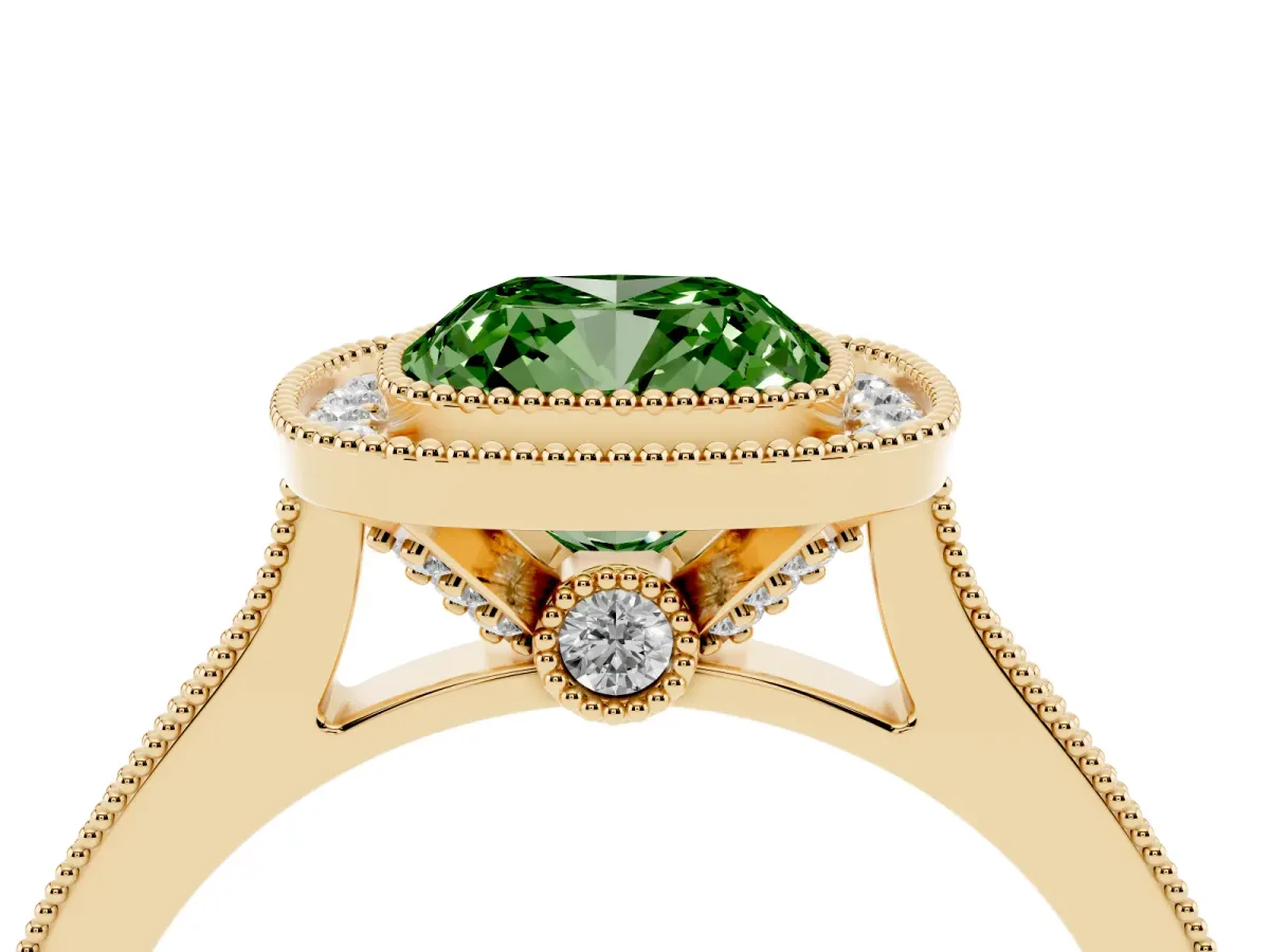 Fancy Green Halo Cushion Cut-Cut Diamond Pave Band Milgrain Prong Setting Ring Yellow gold