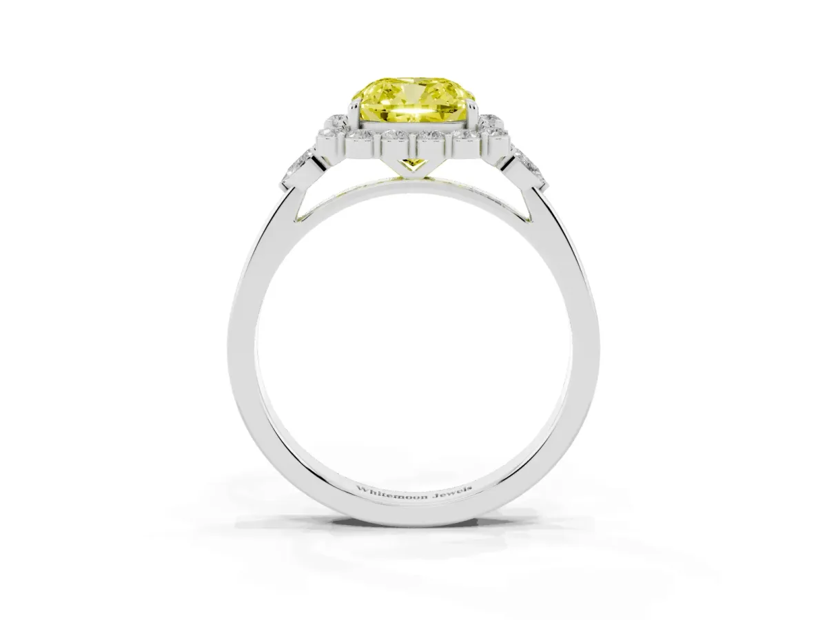 Fancy Yellow Cushion Cut Diamond Halo Ring with Pear Side Stones and Prong Setting Silver