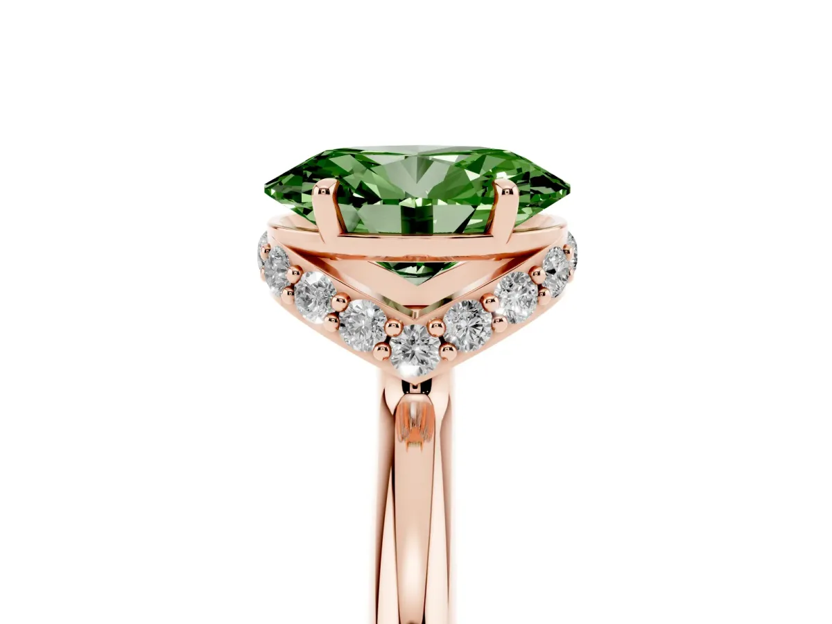 Fancy Green Oval Cut Brilliant Solitaire Engagement Ring with Six-Prong Setting and Classic Band Rose gold