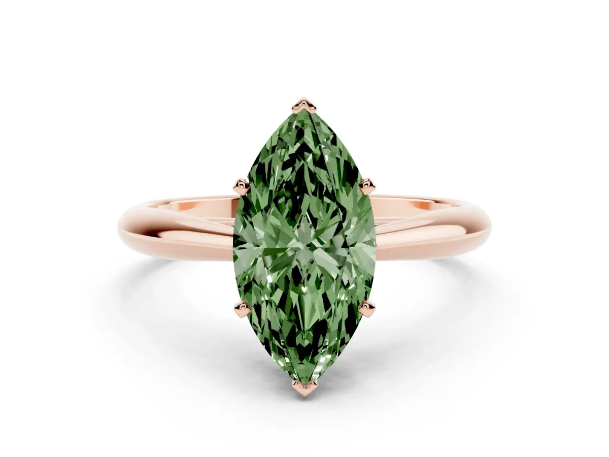 Fancy Green Marquise Cut Diamond Solitaire Engagement Ring with Cathedral Setting and Four-Prong Mount Rose gold