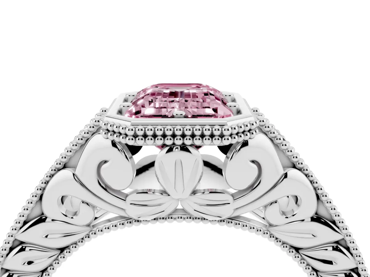 Fancy Pink Bezel Set Emerald Cut Diamond Milgrain Pave Engagement Ring Platinum