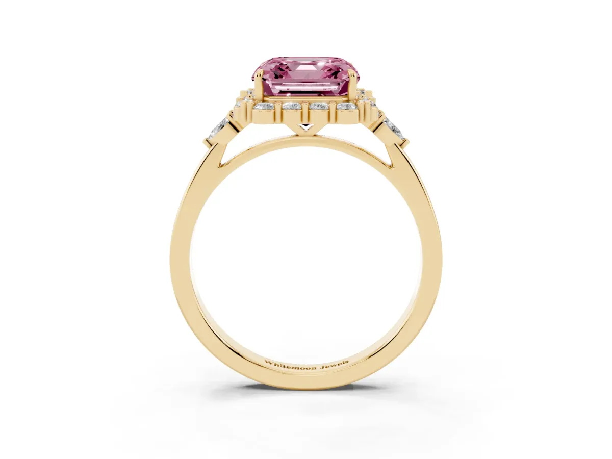 Fancy Pink Asscher Cut Diamond Halo Ring with Pear Side Stones and Prong Setting Yellow gold