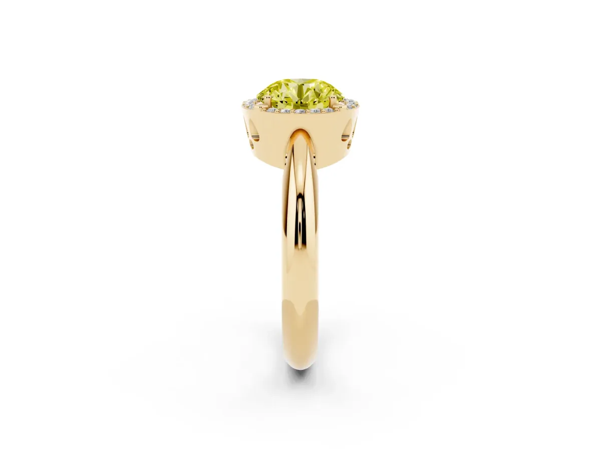 Fancy Yellow Round Cut Cut Diamond Halo Engagement Ring with Split Shank and Four-Prong Setting Yellow gold