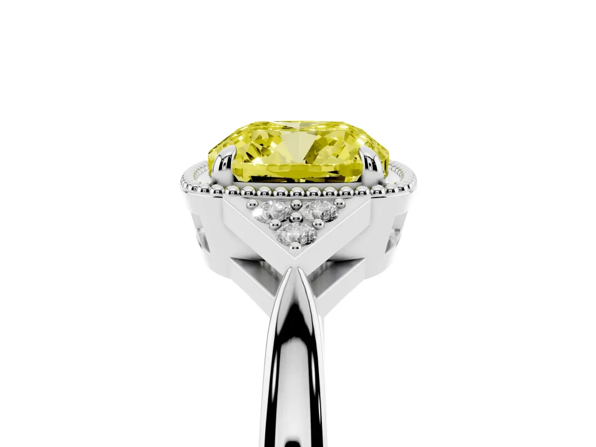 Fancy Yellow Hexagonal Halo Cushion Cut Diamond Solitaire with Pavé Band and Four-Prong Setting White gold