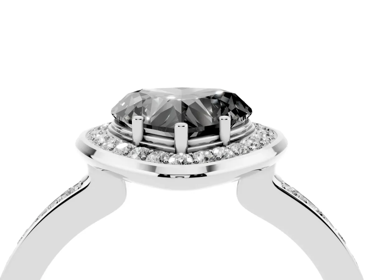 Fancy Black Heart Cut Diamond Halo Ring with Bezel Frame and Pavé Band Silver