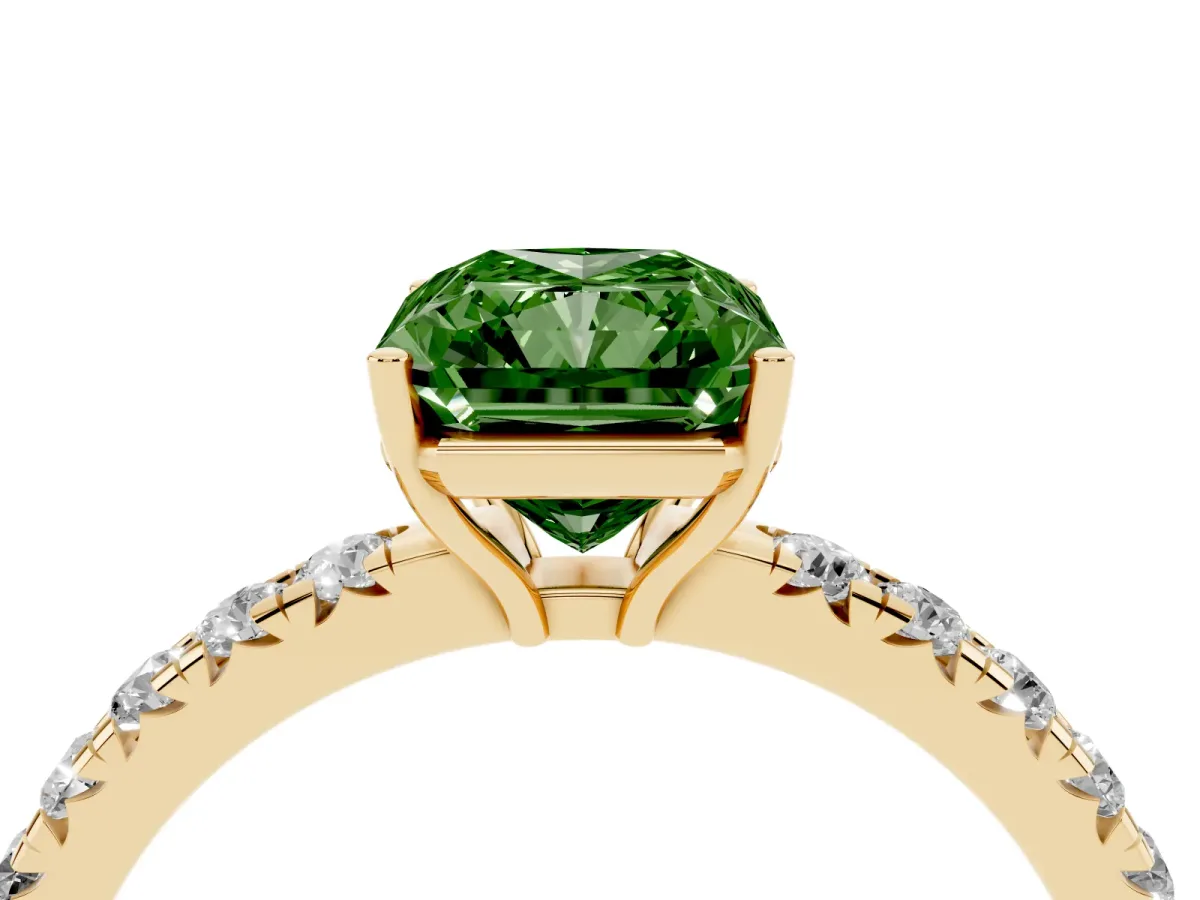 Fancy Green Radiant Cut Diamond Pavé Solitaire Engagement Ring with Four-Prong Setting Yellow gold