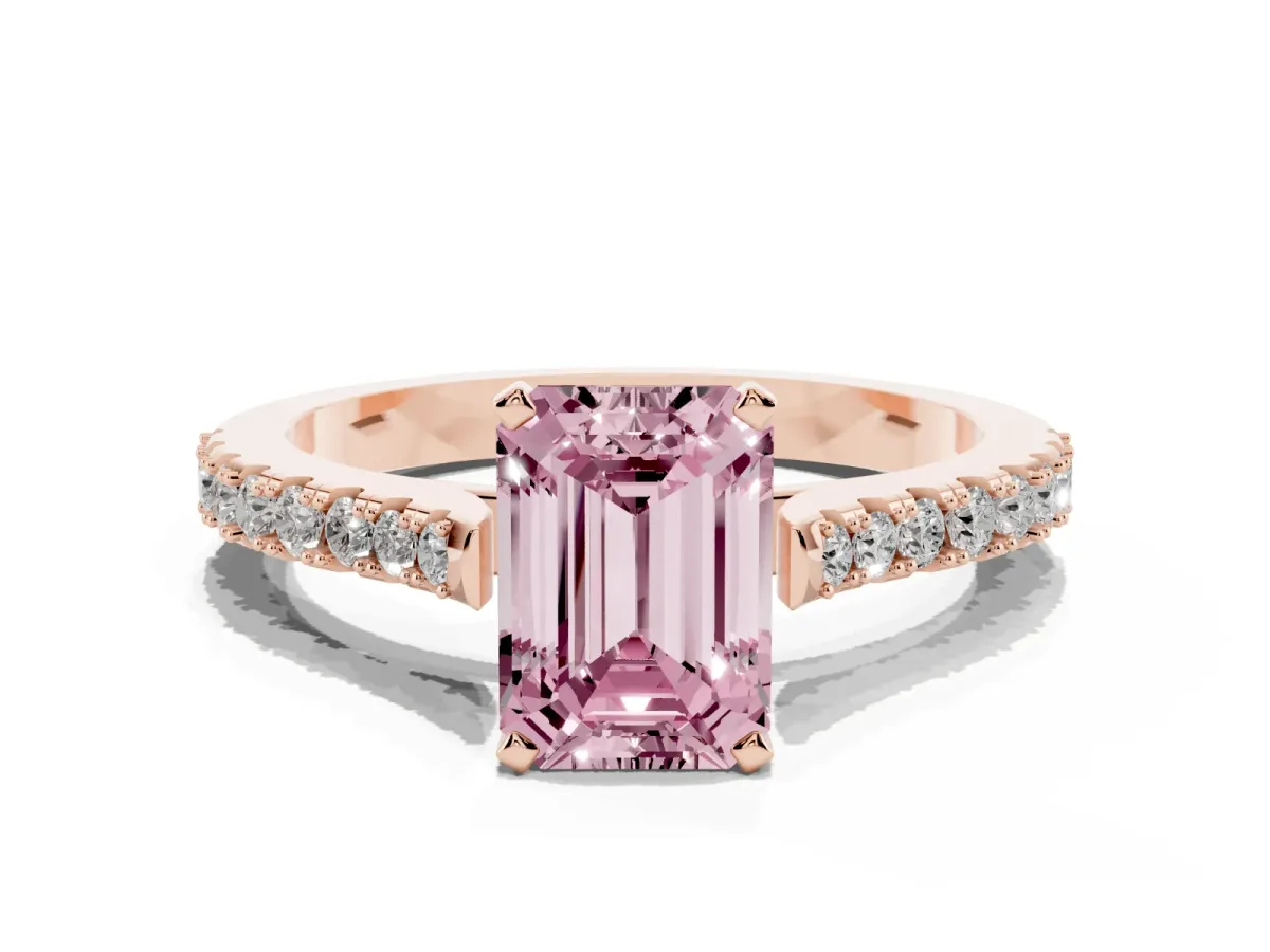 Fancy Pink Emerald Cut Cut Solitaire Diamond Engagement Ring with Pave Band and Four-Prong Setting Rose gold