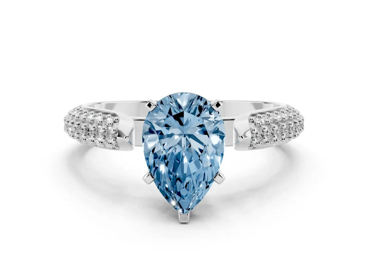 Fancy Blue Pear Cut Diamond Solitaire Engagement Ring with Multi-Row Round Pavé Band and Prong Setting White gold