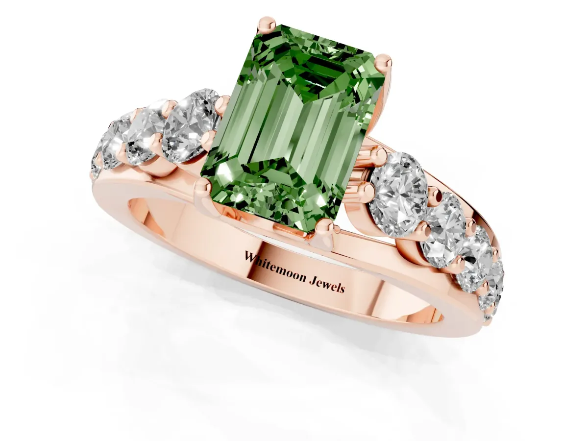 Fancy Green Emerald Cut Diamond Engagement Ring with Pavé Band and Four-Prong Setting Rose gold