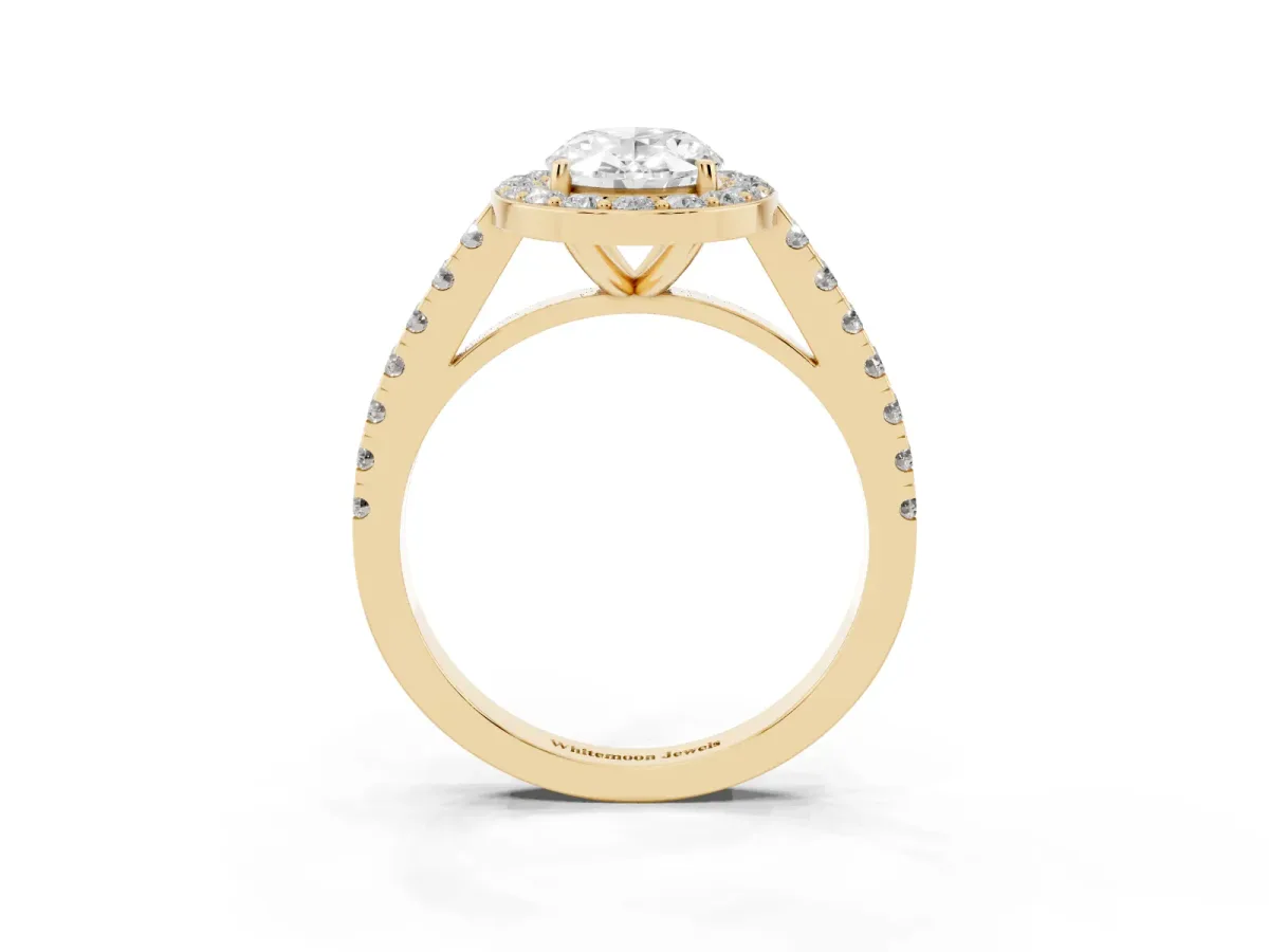 Oval Cut Diamond Halo Ring with Round Pavé Split Shank and Prong Setting Yellow gold