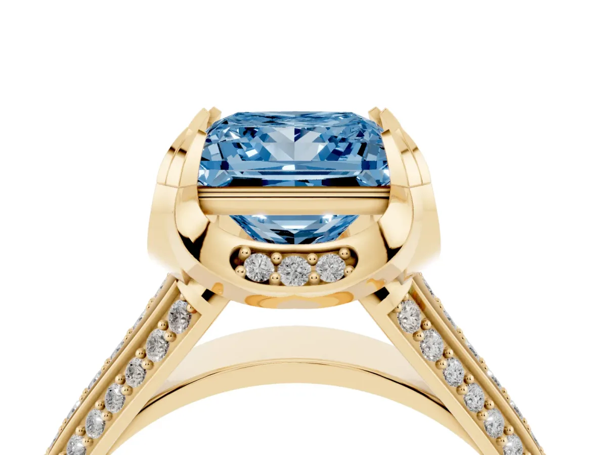 Fancy Blue Princess Cut Solitaire Pave Split Shank Ring with Four-Prong Setting Yellow gold