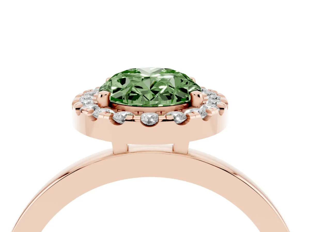 Fancy Green Oval Cut Halo Diamond Solitaire with Pavé Band and Four-Prong Setting Rose gold