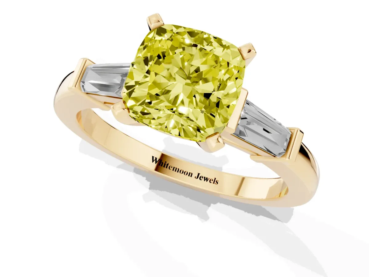 Fancy Yellow Cushion Cut Cut Diamond Solitaire Ring with Tapered Baguette Accents and Four-Prong Setting Yellow gold