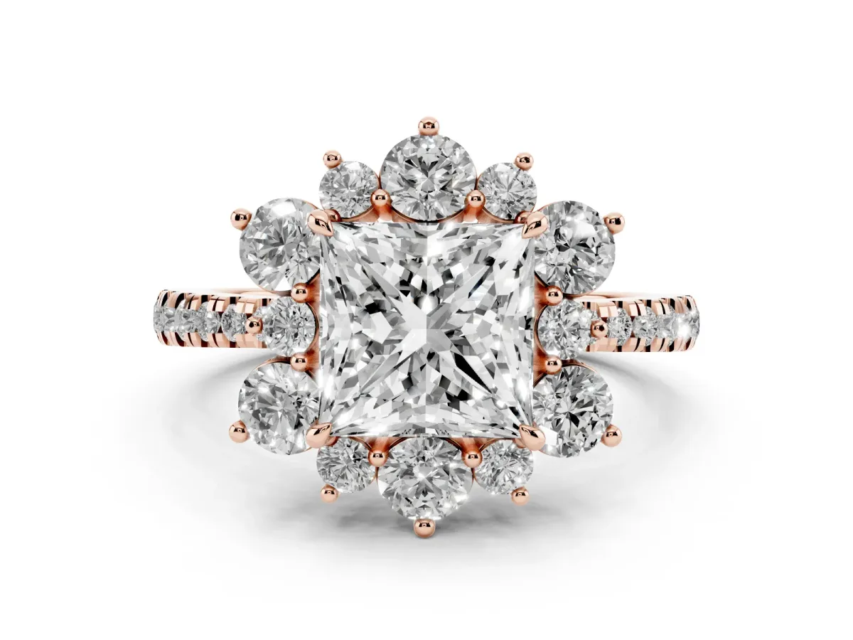 Princess Cut Diamond Floral Halo Ring with Round Pavé Band and Prong Setting Rose gold