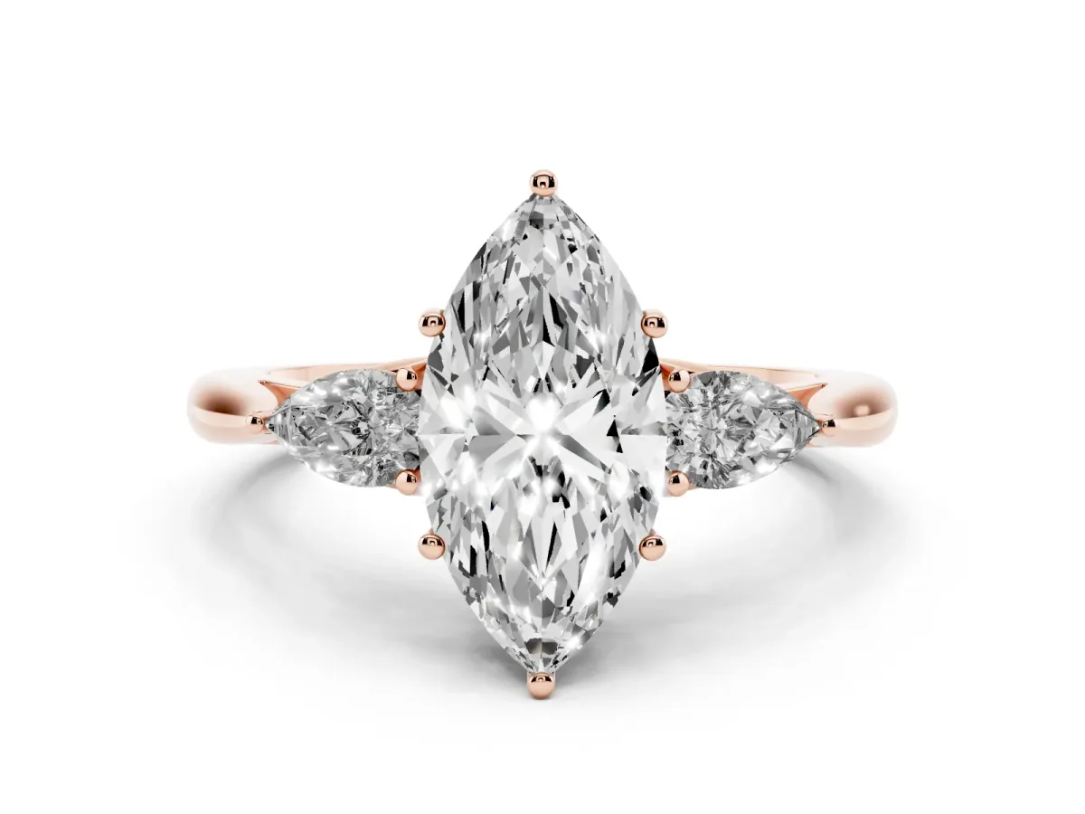 Marquise Cut Diamond Three-Stone Ring with Pear Side Stones and Prong Setting Rose gold