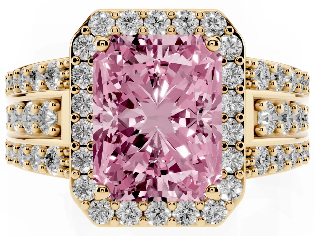 Fancy Pink Radiant Cut Halo Diamond Ring with Round Split Shank and Prong Setting Yellow gold