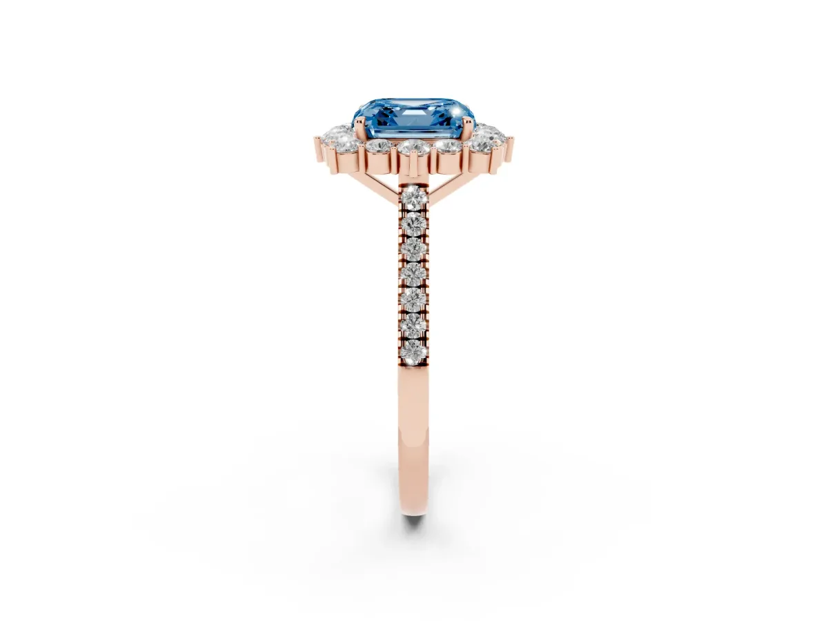 Fancy Blue Asscher Cut Halo Diamond Ring with Pavé Band and Prong Setting Rose gold