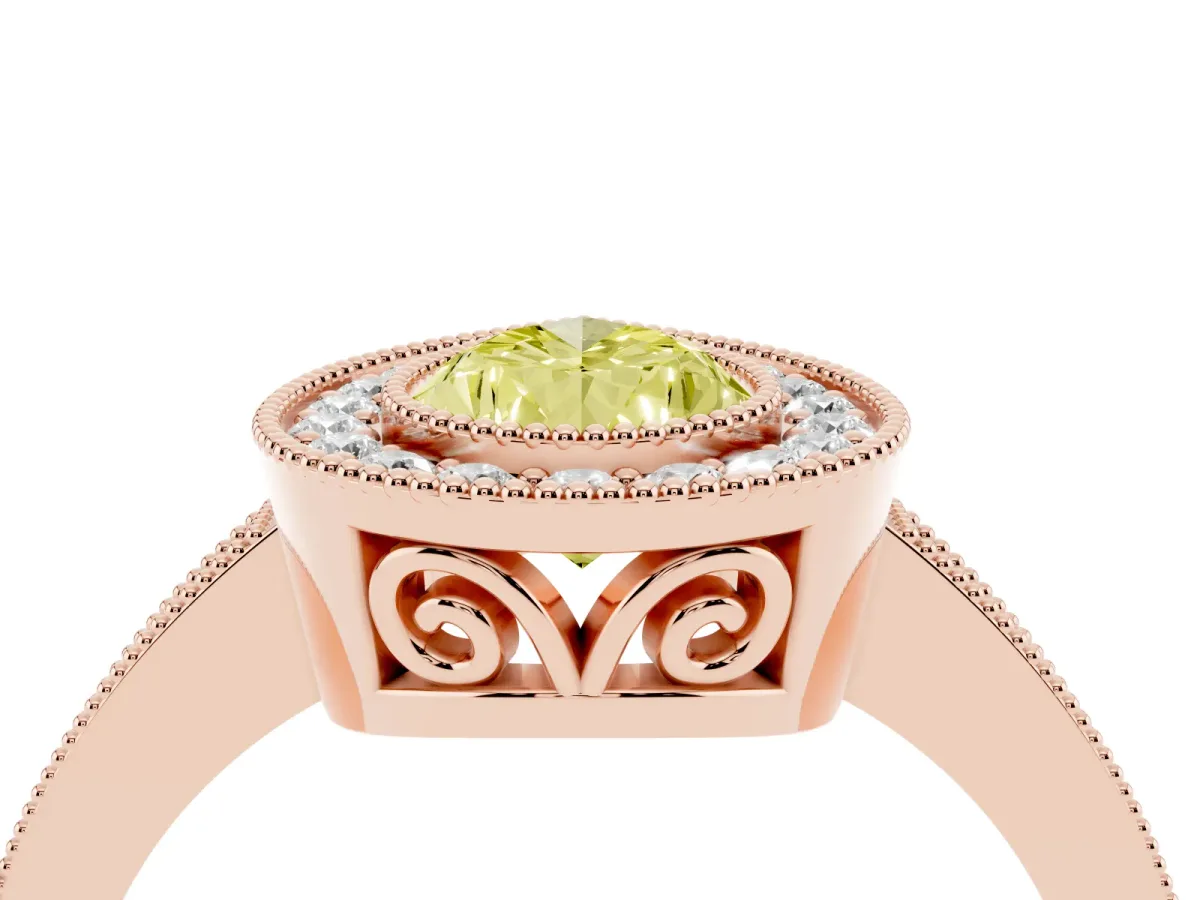 Fancy Yellow Pear Cut Cut Halo Diamond Ring with Pavé Band and Milgrain Prong Setting Rose gold