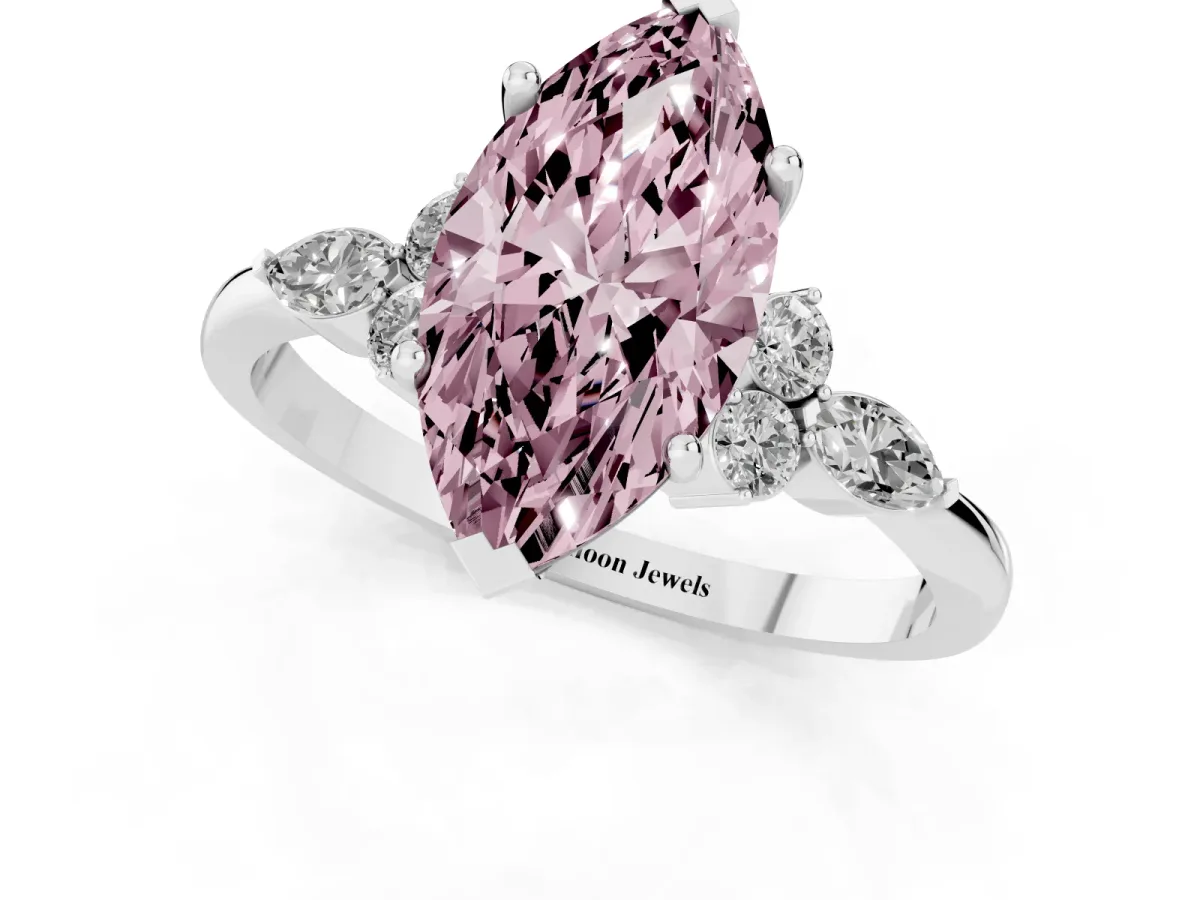 Fancy Pink Marquise Cut Brilliant Diamond Solitaire Ring with Pear Side Stones and Four-Prong Setting Silver