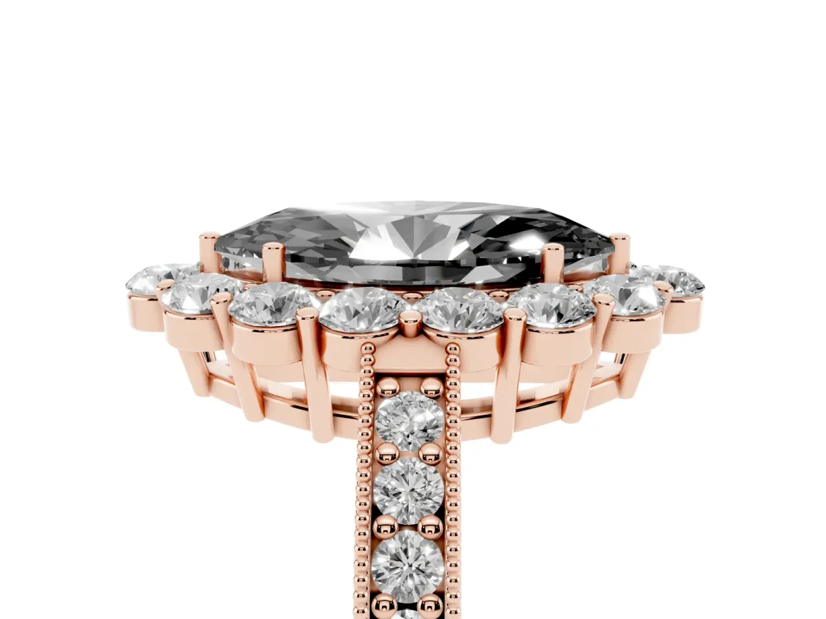 Fancy Black Marquise Cut Cut Halo Diamond Pavé Engagement Ring with Milgrain Detailing Rose gold