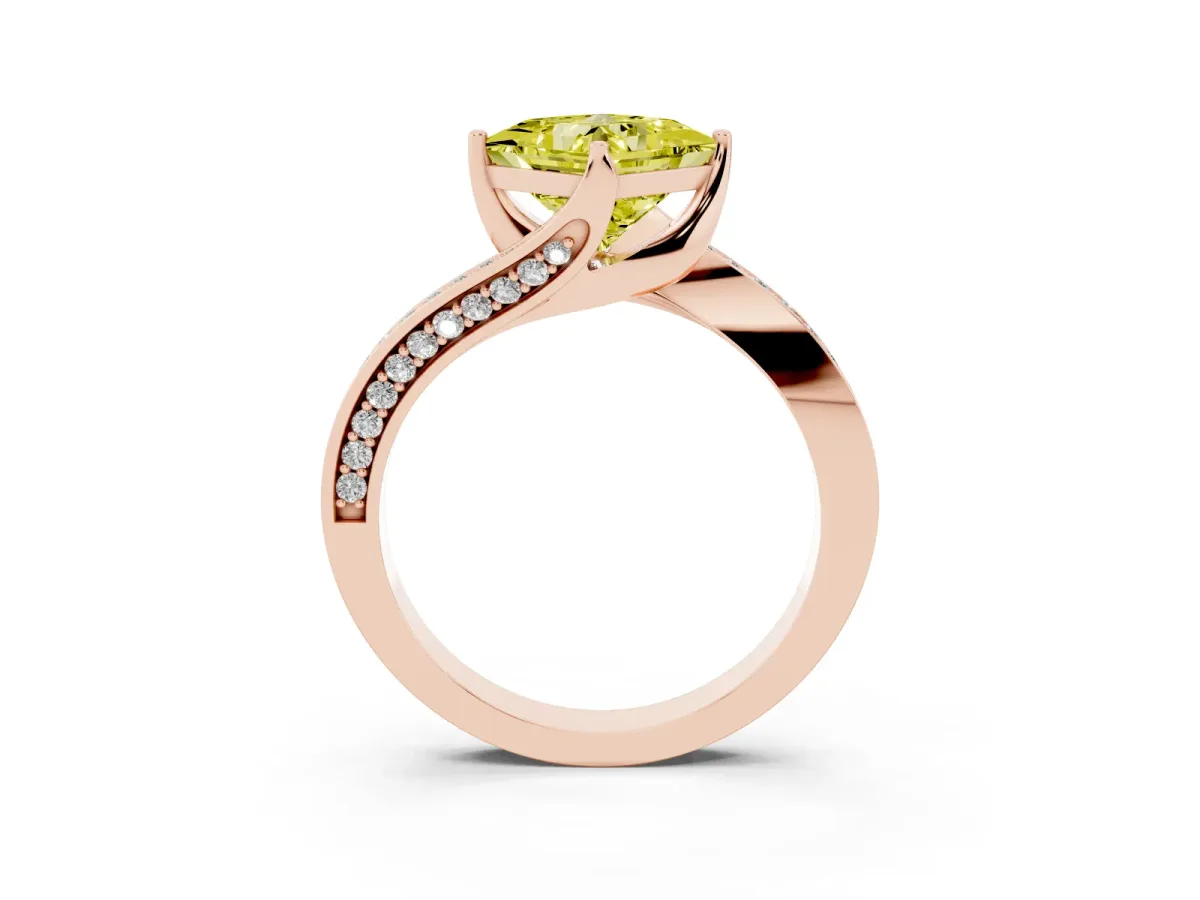 Fancy Yellow Princess Cut Solitaire Diamond Twist Band with Pavé Setting and Four-Prong Setting Rose gold