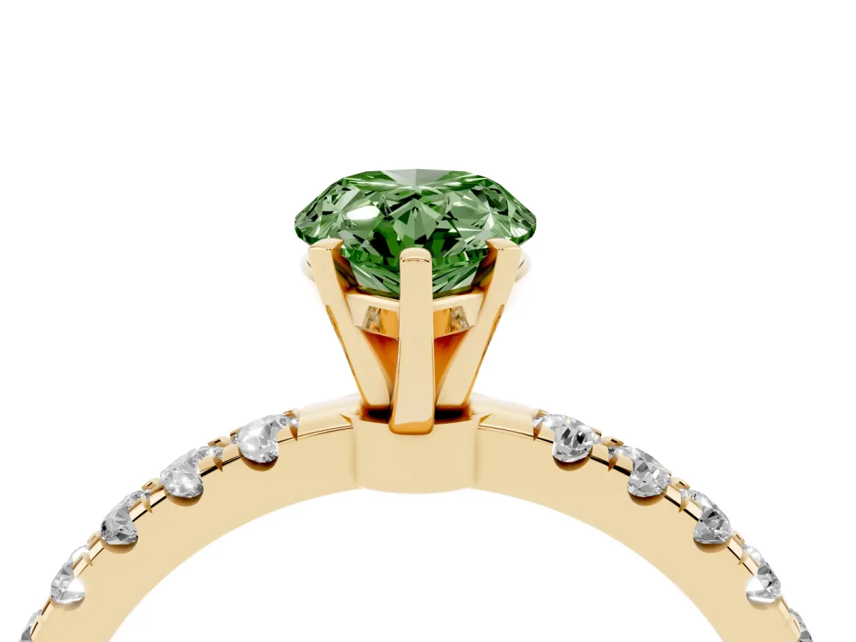Fancy Green Pear Cut Diamond Solitaire Ring with Pavé Accents and Four-Prong Setting Yellow gold