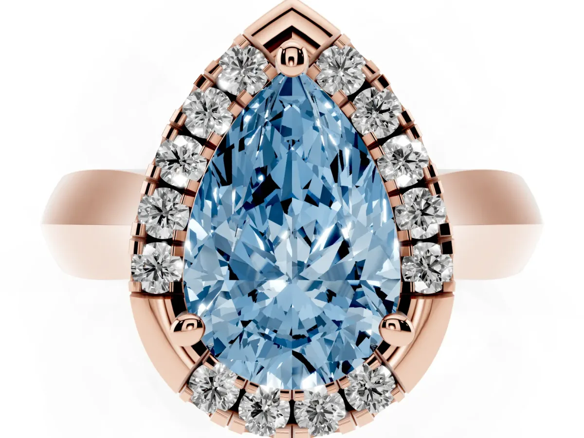 Fancy Blue Pear Cut Cut Halo Solitaire Engagement Ring with Square Band and Four-Prong Setting Rose gold