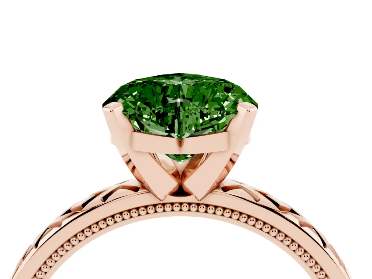 Fancy Green Heart Cut Solitaire Diamond Ring with Milgrain and Black Enamel X Pattern Band Rose gold