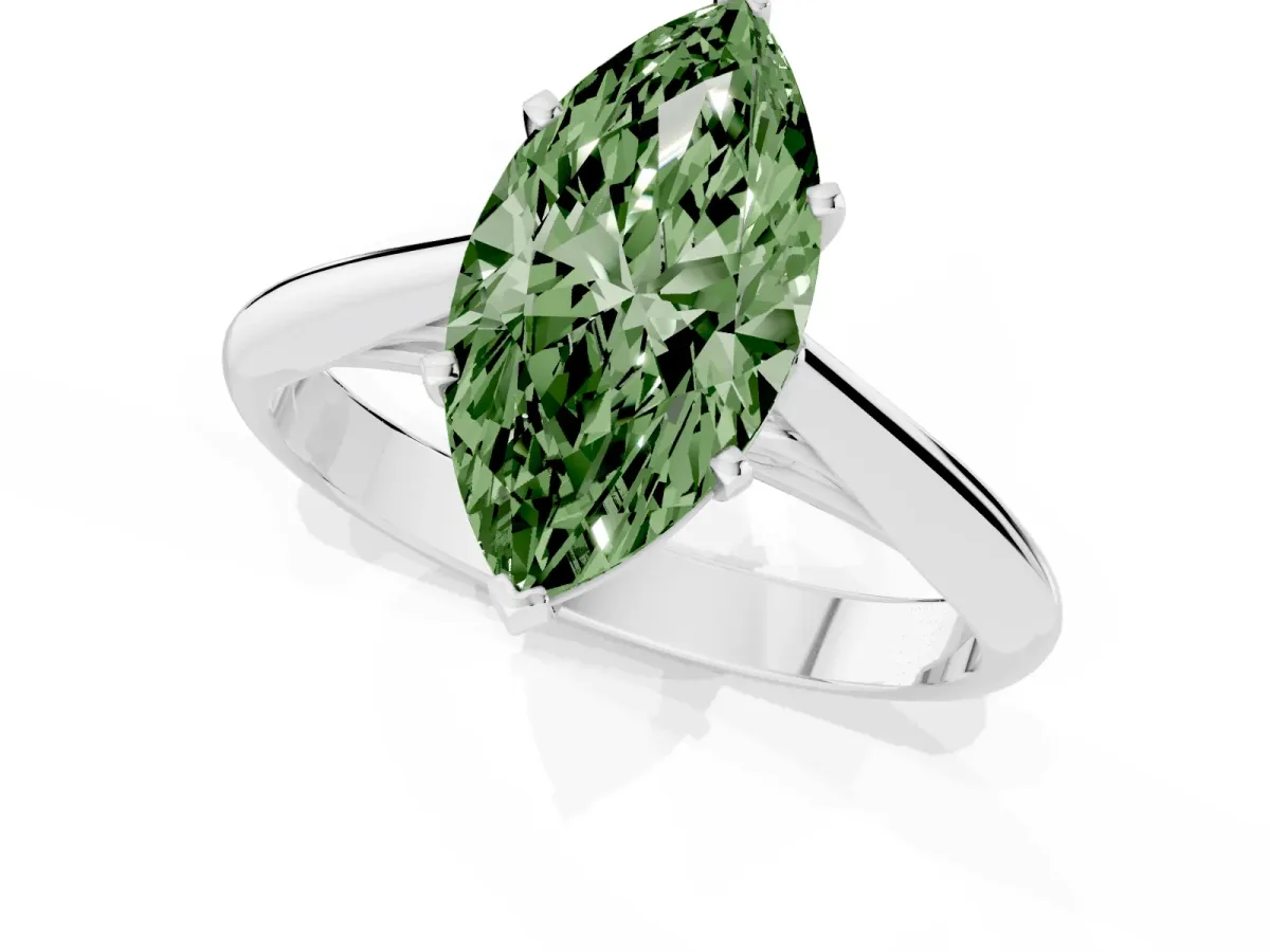 Fancy Green Marquise Cut Diamond Solitaire Engagement Ring with Cathedral Setting and Four-Prong Mount Platinum