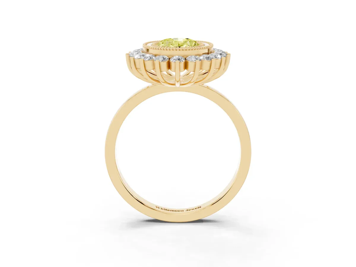 Fancy Yellow Oval Cut Halo Diamond Ring with Milgrain Edge and Round Prong Setting Yellow gold
